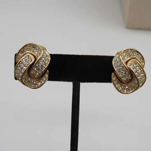 Christian Dior Vintage Crystal Pave Knot Gold Tone Clip On Earrings - Picture 6 of 14
